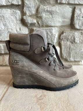 UGG Taupe Lace-Up Wedge Bootie for Women